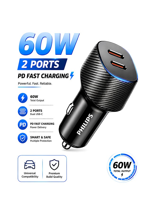 Philips 60W Dual USB-C Car Charger | Fast Charging PD 3.0 | iPhone 16/15/14, Samsung Galaxy S25/S24, iPad | Dual Port Simultaneous Charging | Smart Protection | Black Black - Without Cable - Image 1
