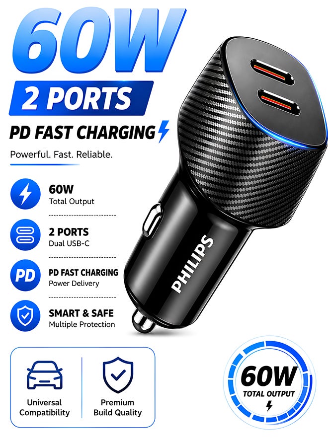 Philips 60W Dual USB-C Car Charger | Fast Charging PD 3.0 | iPhone 16/15/14, Samsung Galaxy S25/S24, iPad | Dual Port Simultaneous Charging | Smart Protection | Black Black - Without Cable - Image 1