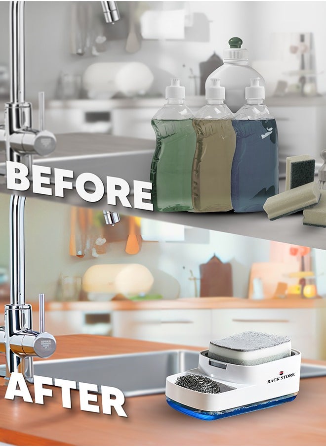 RACK STORE Rack Store Dish Soap Dispenser Sponge Holder 2 in 1 Kitchen Gadgets Space Saving Sink Countertop Organizer For Kitchen White Colour  - Image 4