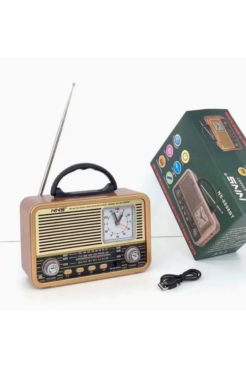 Retro Bluetooth Radio Speaker With Clock, AM/FM/SW, MP3 Player, USB Port, Type C Charging NS-8898BT