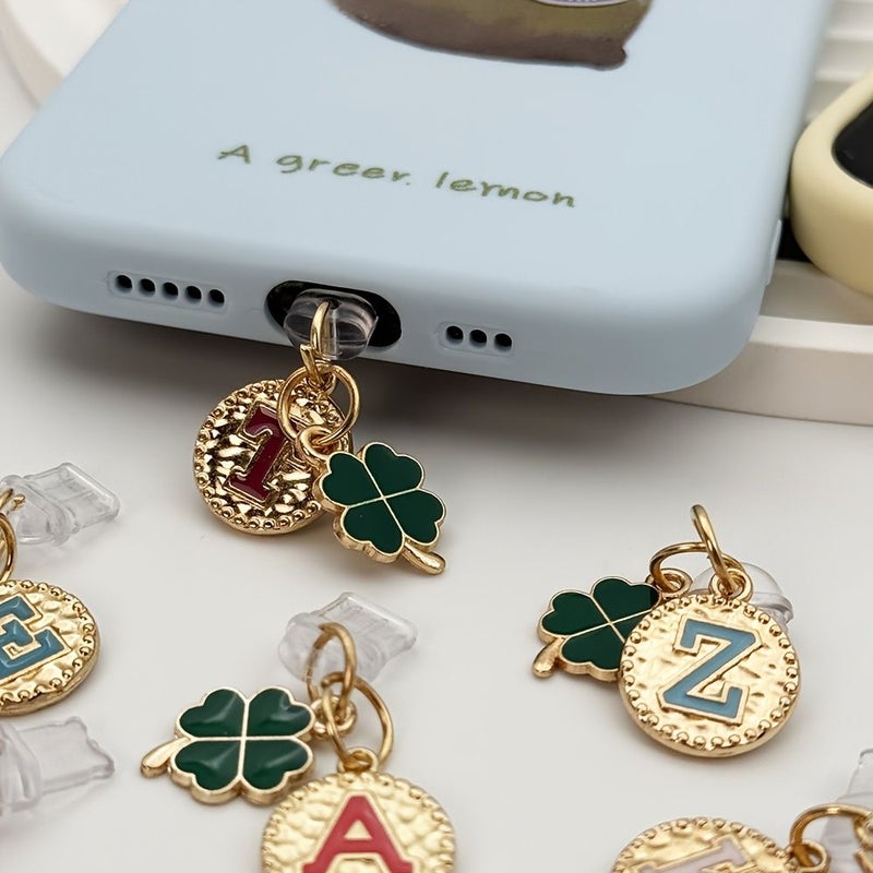 A Z Initial iPhone 5 14 Lightning Charging Port Dust Plug With Green Four Leaf Clover Letter Phone Charm And Anti Dust Cover For Apple And Type C Devices - Image 5