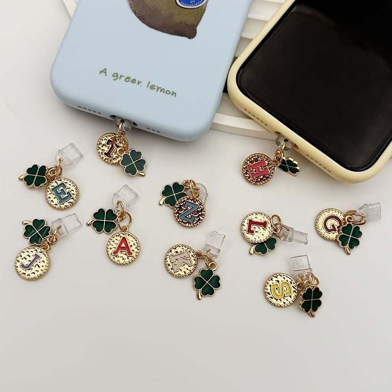 A Z Initial iPhone 5 14 Lightning Charging Port Dust Plug With Green Four Leaf Clover Letter Phone Charm And Anti Dust Cover For Apple And Type C Devices - Image 1