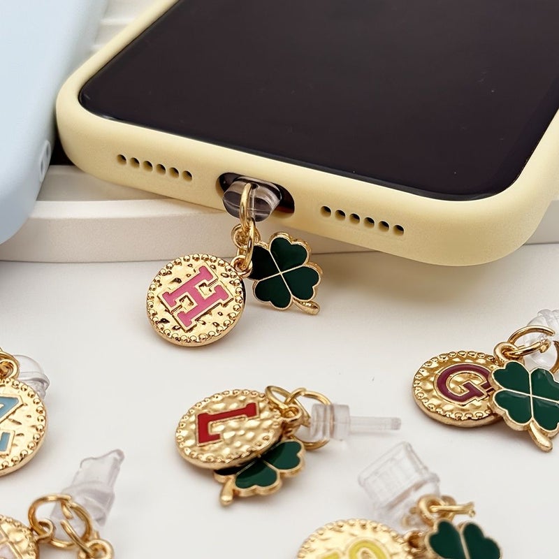 A Z Initial iPhone 5 14 Lightning Charging Port Dust Plug With Green Four Leaf Clover Letter Phone Charm And Anti Dust Cover For Apple And Type C Devices - Image 4