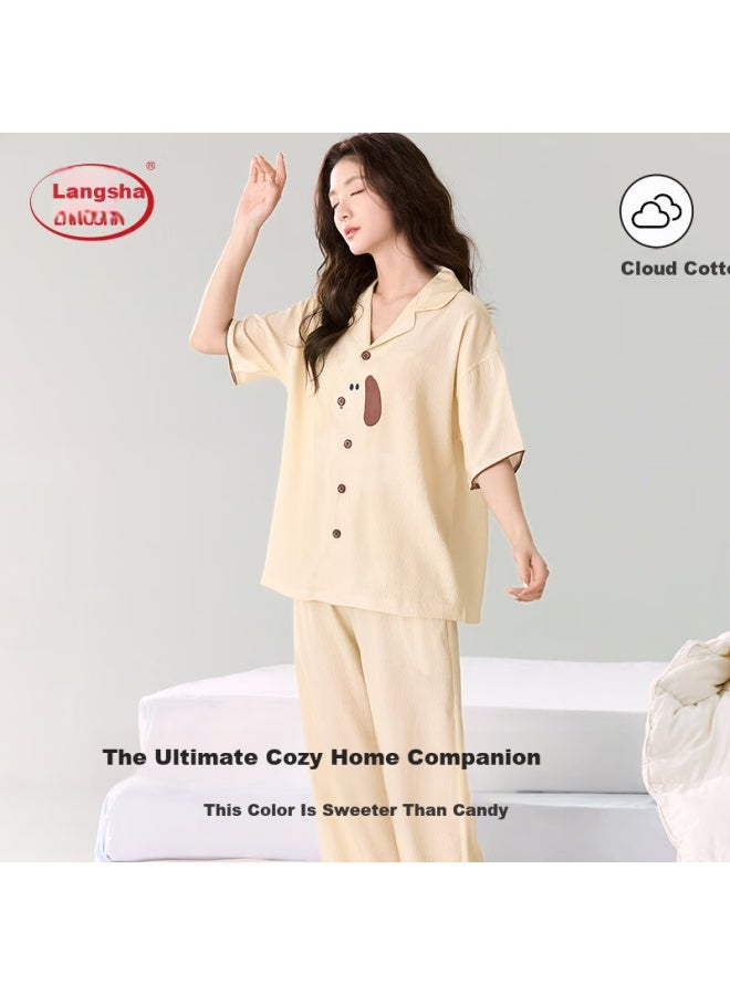 LANG SHA Langsha Women's Pajamas Spring Summer New Cute Long Sleeve Women's Wearable Couple Homewear  New Mustard Yellow - Image 2