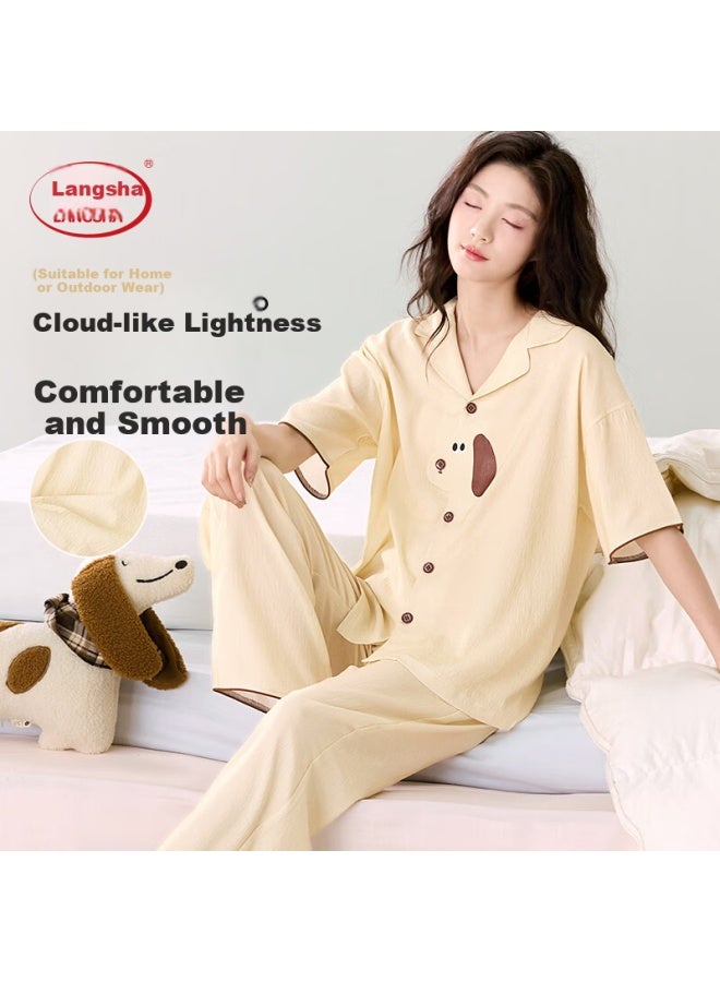 LANG SHA Langsha Women's Pajamas Spring Summer New Cute Long Sleeve Women's Wearable Couple Homewear  New Mustard Yellow - Image 1