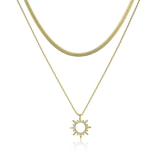 Moodear Layered Necklaces for Women Trendy Dainty 14K Gold Plated Necklace Herringbone Snake Stack Sun Zirconia Pendant Choker Necklace for Women Jewelry Gifts - Image 1