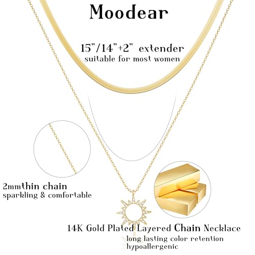 Moodear Layered Necklaces for Women Trendy Dainty 14K Gold Plated Necklace Herringbone Snake Stack Sun Zirconia Pendant Choker Necklace for Women Jewelry Gifts - Image 5
