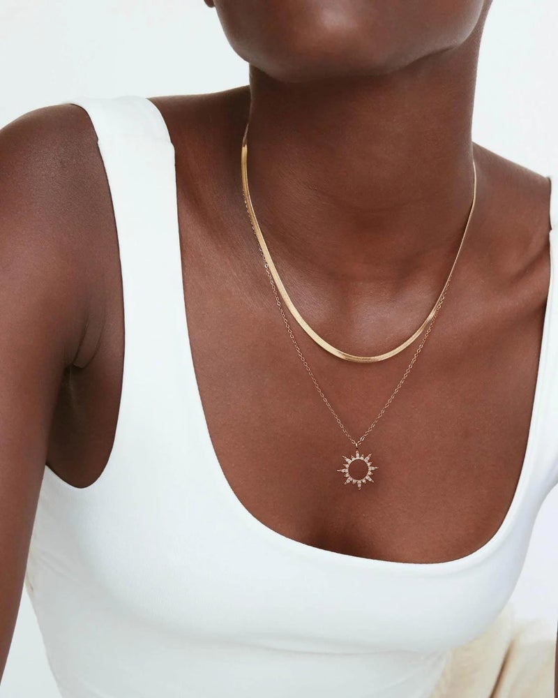 Moodear Layered Necklaces for Women Trendy Dainty 14K Gold Plated Necklace Herringbone Snake Stack Sun Zirconia Pendant Choker Necklace for Women Jewelry Gifts - Image 3