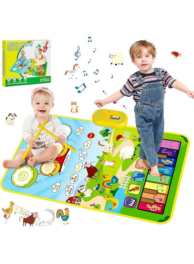 Musical Mat for Toddlers, Musical Toys Child Floor Piano Keyboard and Drum Mat Carpet with 2 Sticks, Animal Blanket Touch Play Mat Pads, Birthday Gifts for Girls Boys - Image 1