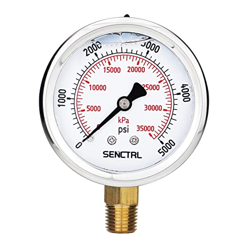 SENCTRL 5000 Psi Glycerin Liquid Filled Hydraulic High Pressure Gauge, 2.5" Dial Size, 1/4" NPT Lower Mount, Stainless Steel Case, for Air Gas Water Oil Pressure Test - Image 1