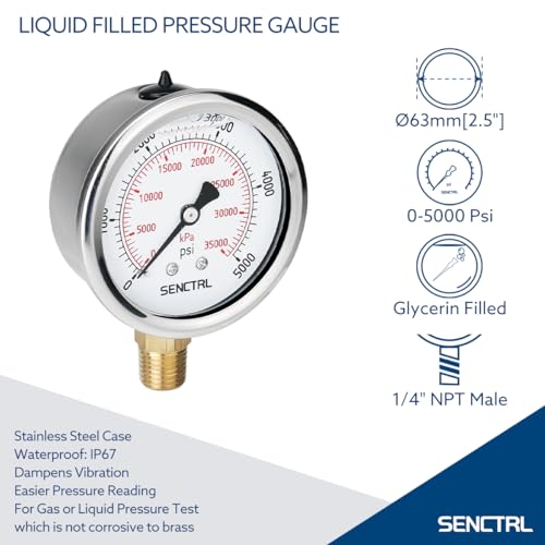 SENCTRL 5000 Psi Glycerin Liquid Filled Hydraulic High Pressure Gauge, 2.5" Dial Size, 1/4" NPT Lower Mount, Stainless Steel Case, for Air Gas Water Oil Pressure Test - Image 2