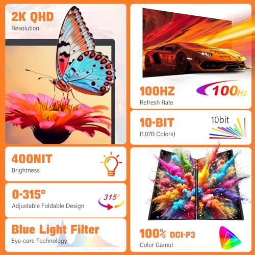 InnoView Dual Portable Monitor 18" 2560x1600P 100Hz 2K 100% DCI-P3 - Foldable & Stackable Design with 315° Screen Adjustment & 180° Stand | DP/USB-C/HDMI, Second Monitor for Laptop, Mac, Windows - Image 3