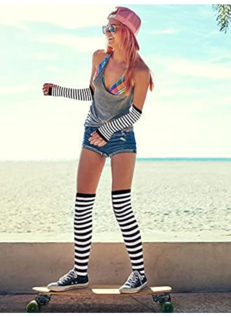 Tezzgelsin Cotton Over-the-Knee Socks and Single Finger Striped Punk Arm Gloves Set of 2
