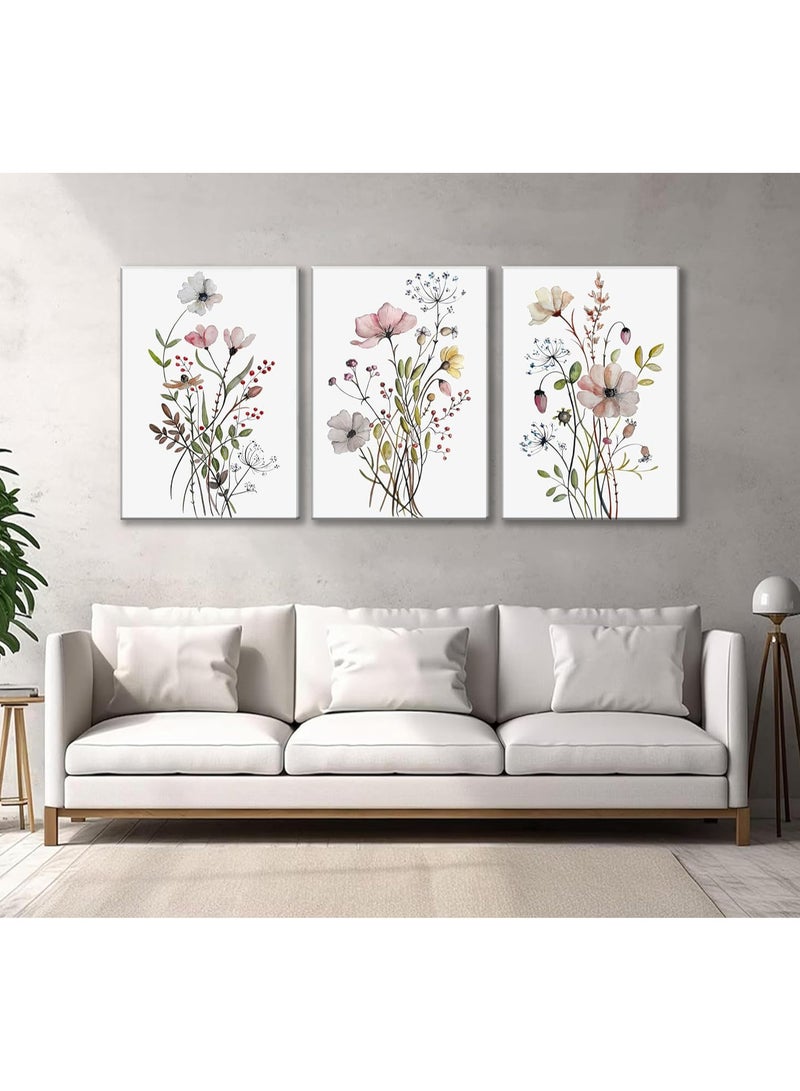 INSIJAM Set Of 3 Canvas Wall Arts Stretched Over Wooden Frame Vintage Wildflower Canvas Wall art Country Farmhouse Watercolor Flower Botanical Painting Pictures Wall Decor Floral Poster Print Artwork for Bedroom Living Room Girls Room Decoration - Image 5
