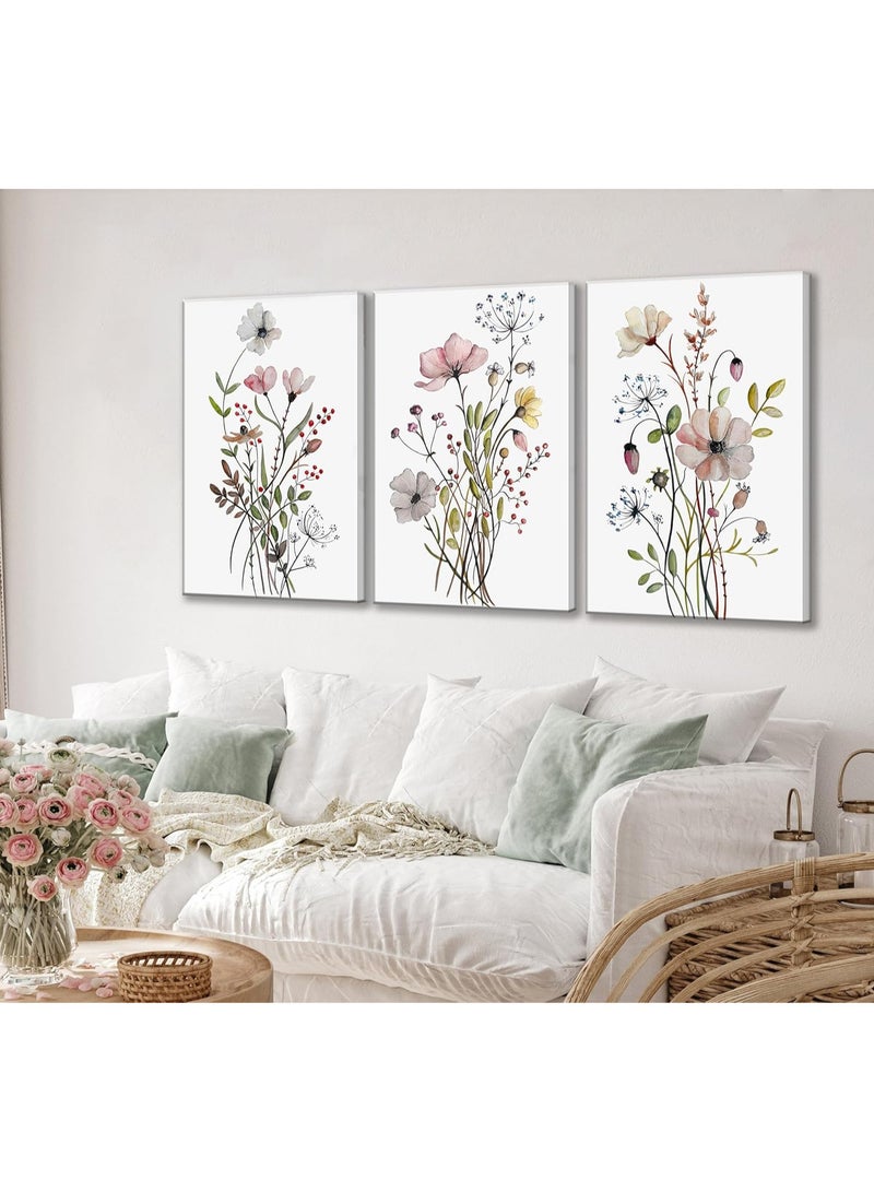 INSIJAM Set Of 3 Canvas Wall Arts Stretched Over Wooden Frame Vintage Wildflower Canvas Wall art Country Farmhouse Watercolor Flower Botanical Painting Pictures Wall Decor Floral Poster Print Artwork for Bedroom Living Room Girls Room Decoration - Image 1