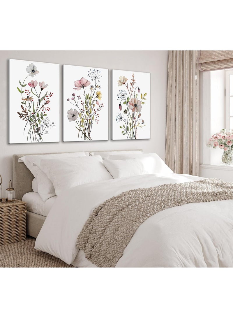 INSIJAM Set Of 3 Canvas Wall Arts Stretched Over Wooden Frame Vintage Wildflower Canvas Wall art Country Farmhouse Watercolor Flower Botanical Painting Pictures Wall Decor Floral Poster Print Artwork for Bedroom Living Room Girls Room Decoration - Image 3