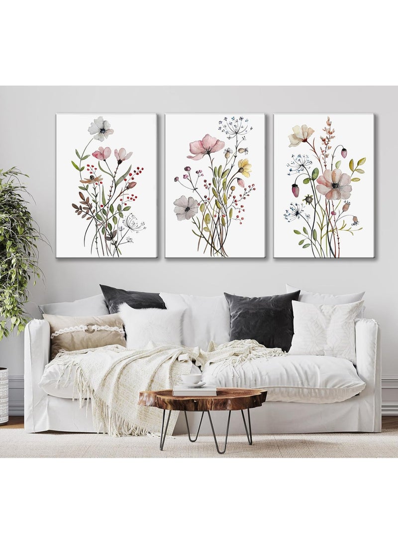 INSIJAM Set Of 3 Canvas Wall Arts Stretched Over Wooden Frame Vintage Wildflower Canvas Wall art Country Farmhouse Watercolor Flower Botanical Painting Pictures Wall Decor Floral Poster Print Artwork for Bedroom Living Room Girls Room Decoration - Image 2