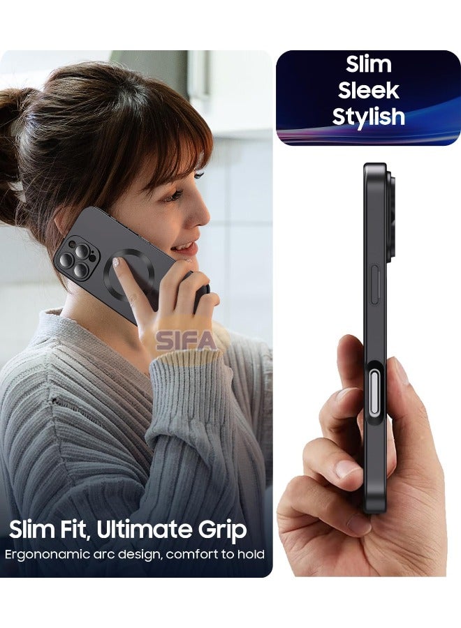Magnetic Case for iPhone 16 Pro, [MagSafe Compatible][Built-in Camera Lens Protector][Light Slim] Soft Silicone Bumper Shockproof Matte Case Cover for iPhone 16 Pro 6.3 inch, Black
