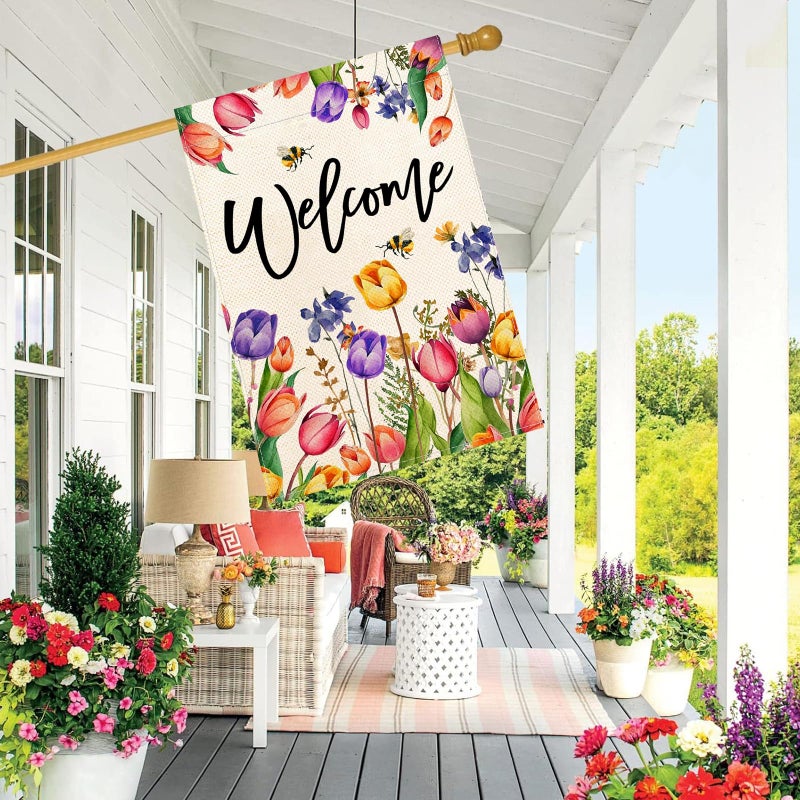 Baccessor Spring Summer Easter Tulip Welcome House Flag Double Sided Bee Colorful Floral Burlap Yard House Seasonal Farmhouse Outside Outdoor Decoration 28 x 40 Inchï¼ˆlargeï¼‰ - Image 2