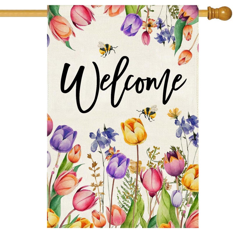 Baccessor Spring Summer Easter Tulip Welcome House Flag Double Sided Bee Colorful Floral Burlap Yard House Seasonal Farmhouse Outside Outdoor Decoration 28 x 40 Inchï¼ˆlargeï¼‰ - Image 1