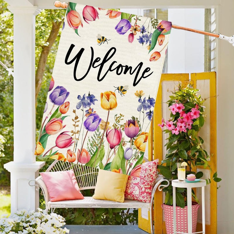Baccessor Spring Summer Easter Tulip Welcome House Flag Double Sided Bee Colorful Floral Burlap Yard House Seasonal Farmhouse Outside Outdoor Decoration 28 x 40 Inchï¼ˆlargeï¼‰ - Image 3