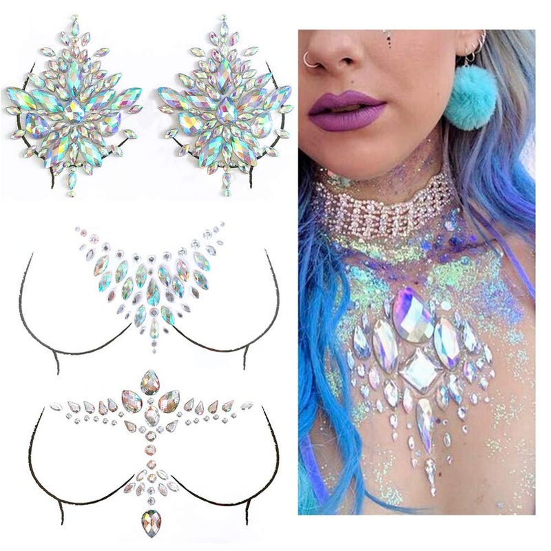 MANGOIT Breast Jewels Tattoo Rhinestone Chest Sticker Temporary Tattoo Glitter Breast Body Gems Tattoo Sticker Body Art Decor Jewel Paste for Festival Makeup(3 Sets) - Image 1