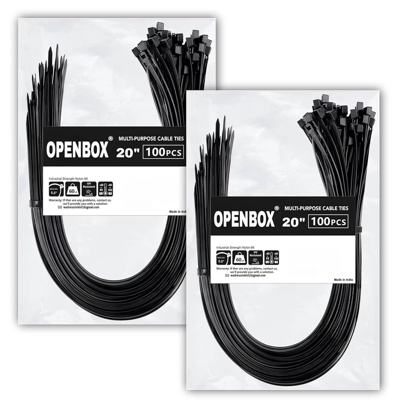 OPENBOX رباطات سحاب 20 بوصة (200 عبوة) بقوة شد 70 رطل، رباط سحاب ثقيل ذاتي القفل باللون الأسود. - Image 1