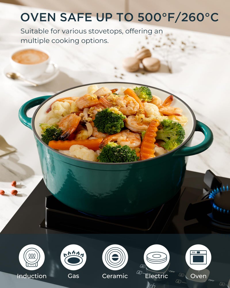 SUNOUTLY Enameled Cast Iron Dutch Oven - 7.5QT Pot with Lid & Cotton Potholders - Heavy-Duty Cookware for Braising, Stews, Roasting, Bread Baking, Oven Safe up to 500Â°F & Across All Stovetops, Bottle Green - Image 5