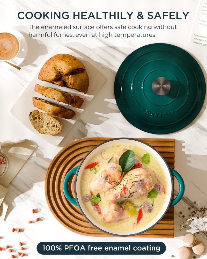 SUNOUTLY Enameled Cast Iron Dutch Oven - 7.5QT Pot with Lid & Cotton Potholders - Heavy-Duty Cookware for Braising, Stews, Roasting, Bread Baking, Oven Safe up to 500Â°F & Across All Stovetops, Bottle Green - Image 2