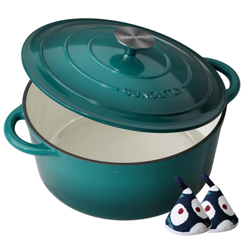SUNOUTLY Enameled Cast Iron Dutch Oven - 7.5QT Pot with Lid & Cotton Potholders - Heavy-Duty Cookware for Braising, Stews, Roasting, Bread Baking, Oven Safe up to 500Â°F & Across All Stovetops, Bottle Green - Image 1