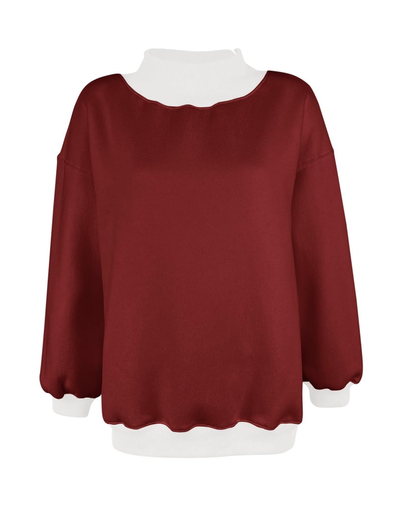 PRETTODAY Women's Oversized Sweatshirts Color Block Turtleneck Fleece Pullover Tops Long Sleeve Loose Fall Fashion Outfits Wine Red - Image 3