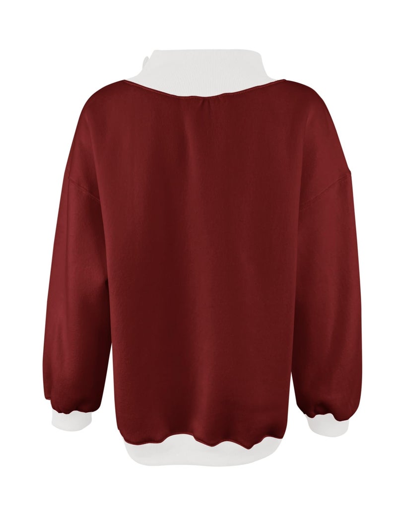 PRETTODAY Women's Oversized Sweatshirts Color Block Turtleneck Fleece Pullover Tops Long Sleeve Loose Fall Fashion Outfits Wine Red - Image 4