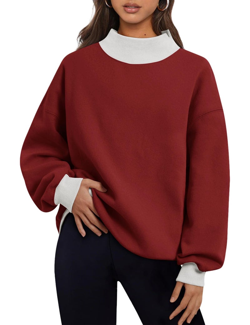 PRETTODAY Women's Oversized Sweatshirts Color Block Turtleneck Fleece Pullover Tops Long Sleeve Loose Fall Fashion Outfits Wine Red - Image 1