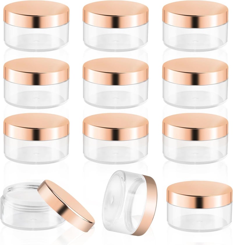 12 Pack 30g/1oz Plastic Cream Jars Clear Sample Containers Wide Mouth Leak Proof Travel Cosmetic Bottles with Rose Gold Lids for Creams Lotion Make Up Powder Glitter Jewelry