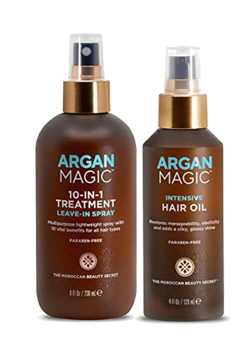 ARGAN MAGIC Argan Magic 10 in 1 Treatment Stylizing Spray + Intensive Hair Oil Combo Pack – Multipurpose Leave in Spray for all Hair Types | Hydrating | Made in USA | Paraben Free | Cruelty Free (8 oz / 4 oz)  - Image 1