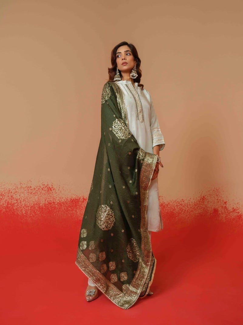 Kaari Women's Embroidered Kurti Set with Dupatta | Ethnic Suits with Embellished Dupatta | Everyday and Festive Kurti Set for Women|Off White|L - Image 2