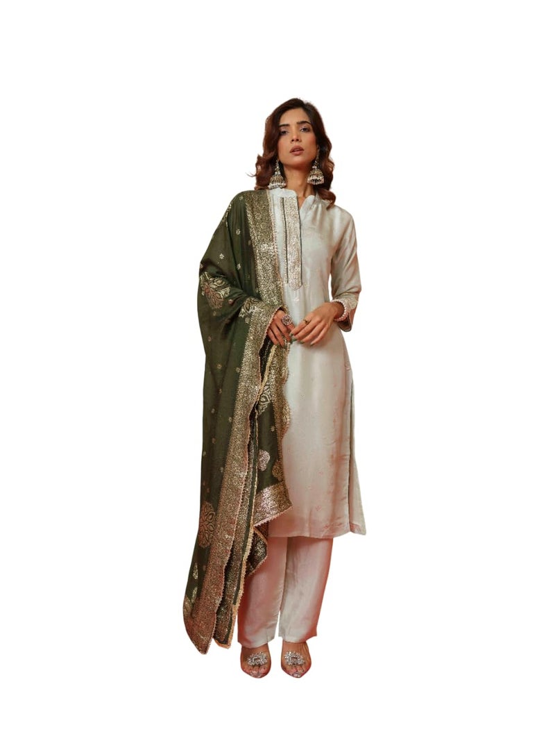 Kaari Women's Embroidered Kurti Set with Dupatta | Ethnic Suits with Embellished Dupatta | Everyday and Festive Kurti Set for Women|Off White|L - Image 1