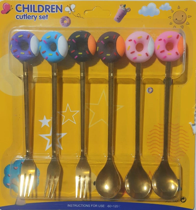 Children's Donut-Themed Cutlery Set, 6 Pieces, Spoons and Forks with Colourful Handles (Golden)