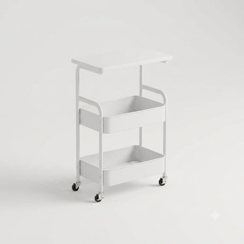 Mobile storage cart with 3 shelves and wooden top; Multi - purpose portable storage cart with two mesh baskets.