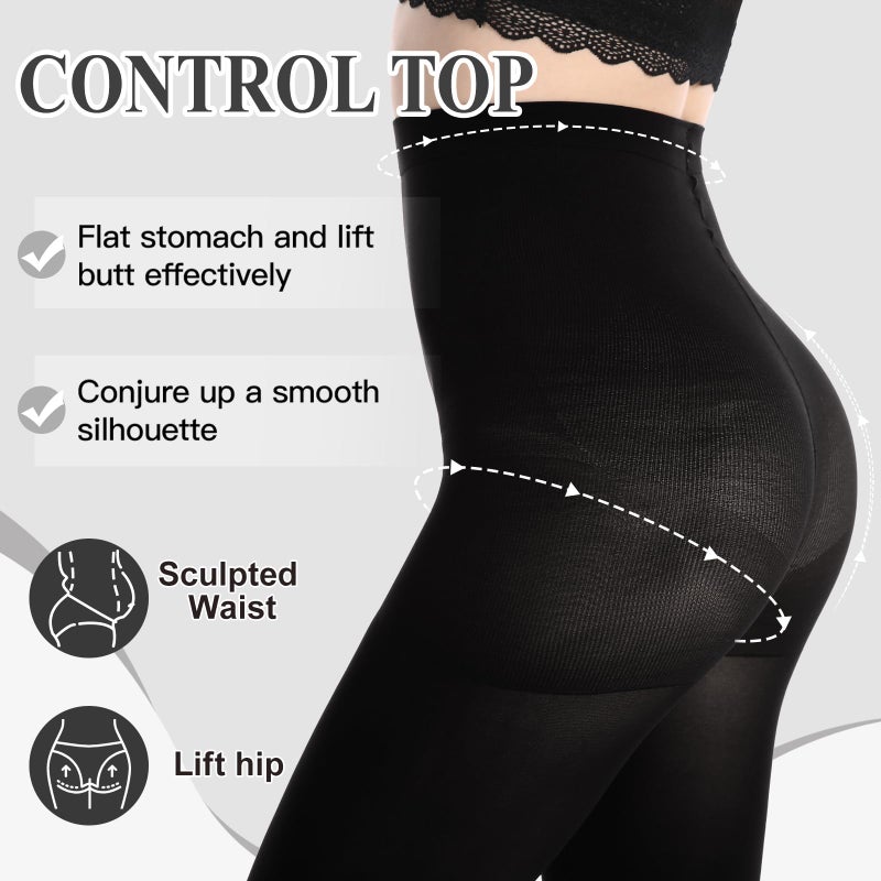 MANZI 2 Pairs Women's Opaque Control Top Tights Comfort Stretch 70 Denier Pantyhose Black Small - Image 3