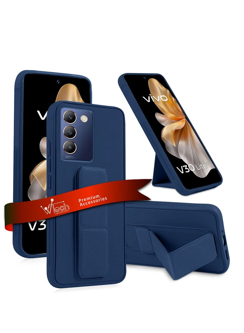 دبليو تيك قبضة يد قابلة للطي بمسند مغناطيسي وحزام للرسغ وقبضة إصبع مع غطاء علبة حديد مدمج لهاتف vivo V30 Lite 5G 2023 أزرق داكن - Image 1