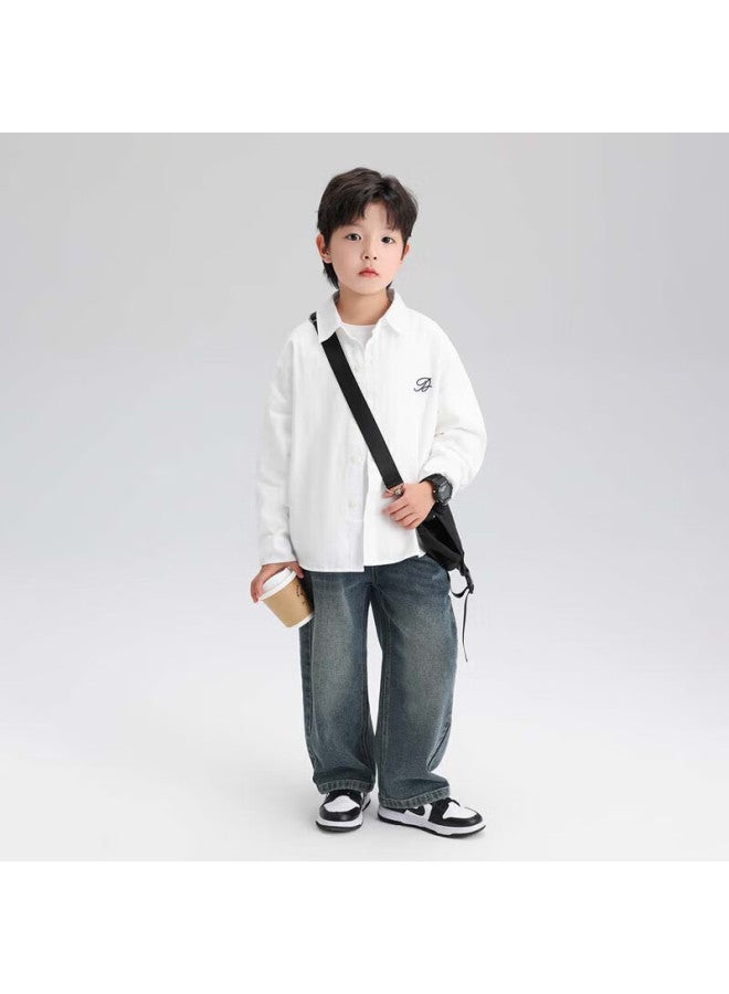 Zuoxi Boys' Shirt, Children's Pure Cotton, Spring And Autumn New Style Shirt, Handsome Boy Autumn Outerwear, White, Size 140 - Image 1
