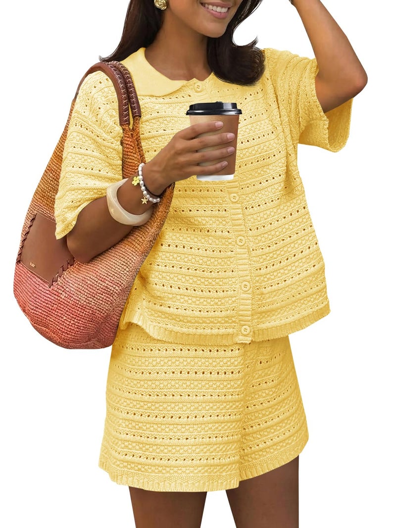 Fisoew Womens Summer 2 Piece Crochet Beach Outfit Cover Ups Button Cardigan Loose Knit Shorts Sets Vacation Swimsuit Yellow - Image 1