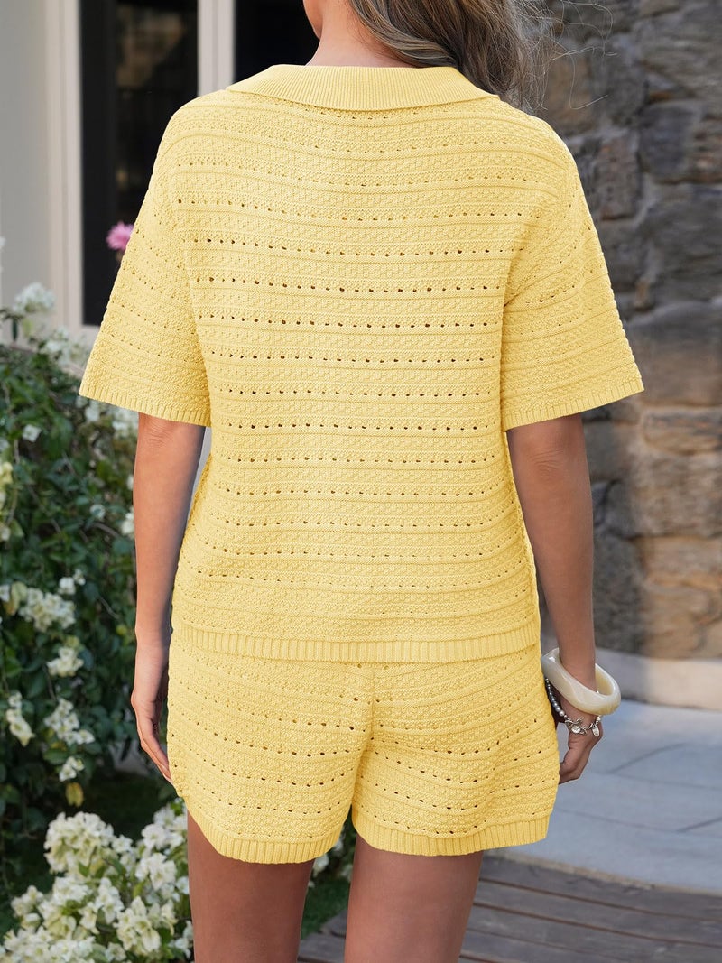 Fisoew Womens Summer 2 Piece Crochet Beach Outfit Cover Ups Button Cardigan Loose Knit Shorts Sets Vacation Swimsuit Yellow - Image 4