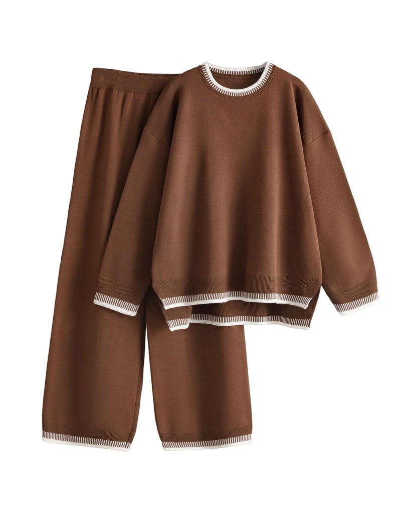 Lentta Womens 2 Piece Sweater Sets Outfits Long Sleeve Knit Pullover Tops Wide Leg Pants Lounge Sets TracksuitsDarkBrownL