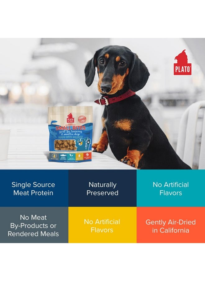 بلاتو مكافآت الكلاب PLATO Small Bites، بحجم لقمة طبيعية بنكهة اللحوم الحقيقية والسلمون، خالية من الحبوب وغنية بالبروتين، مكونات أصلية مجففة بالهواء، 2 سعر حراري لكل مكافأة، صنع في الولايات المتحدة الأمريكية، 6 أونصات  - Image 5