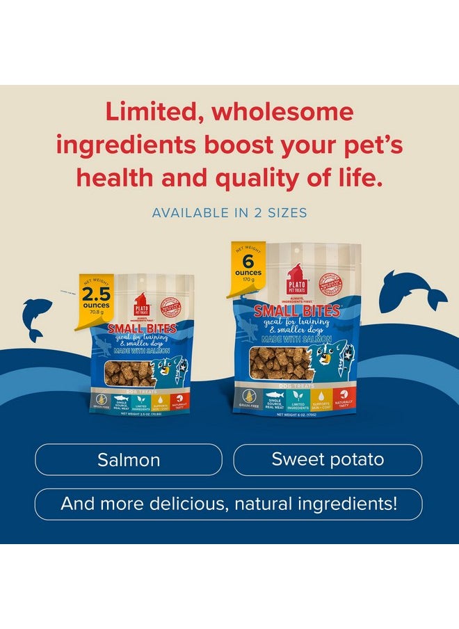 بلاتو مكافآت الكلاب PLATO Small Bites، بحجم لقمة طبيعية بنكهة اللحوم الحقيقية والسلمون، خالية من الحبوب وغنية بالبروتين، مكونات أصلية مجففة بالهواء، 2 سعر حراري لكل مكافأة، صنع في الولايات المتحدة الأمريكية، 6 أونصات  - Image 4