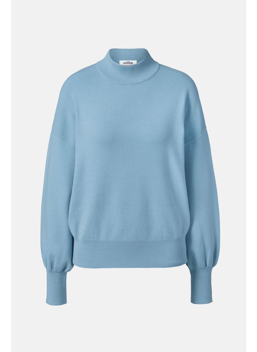 Tchibo Women Mock Neck Bishop Sleeves Knit Sweater, Light Blue  - Image 2