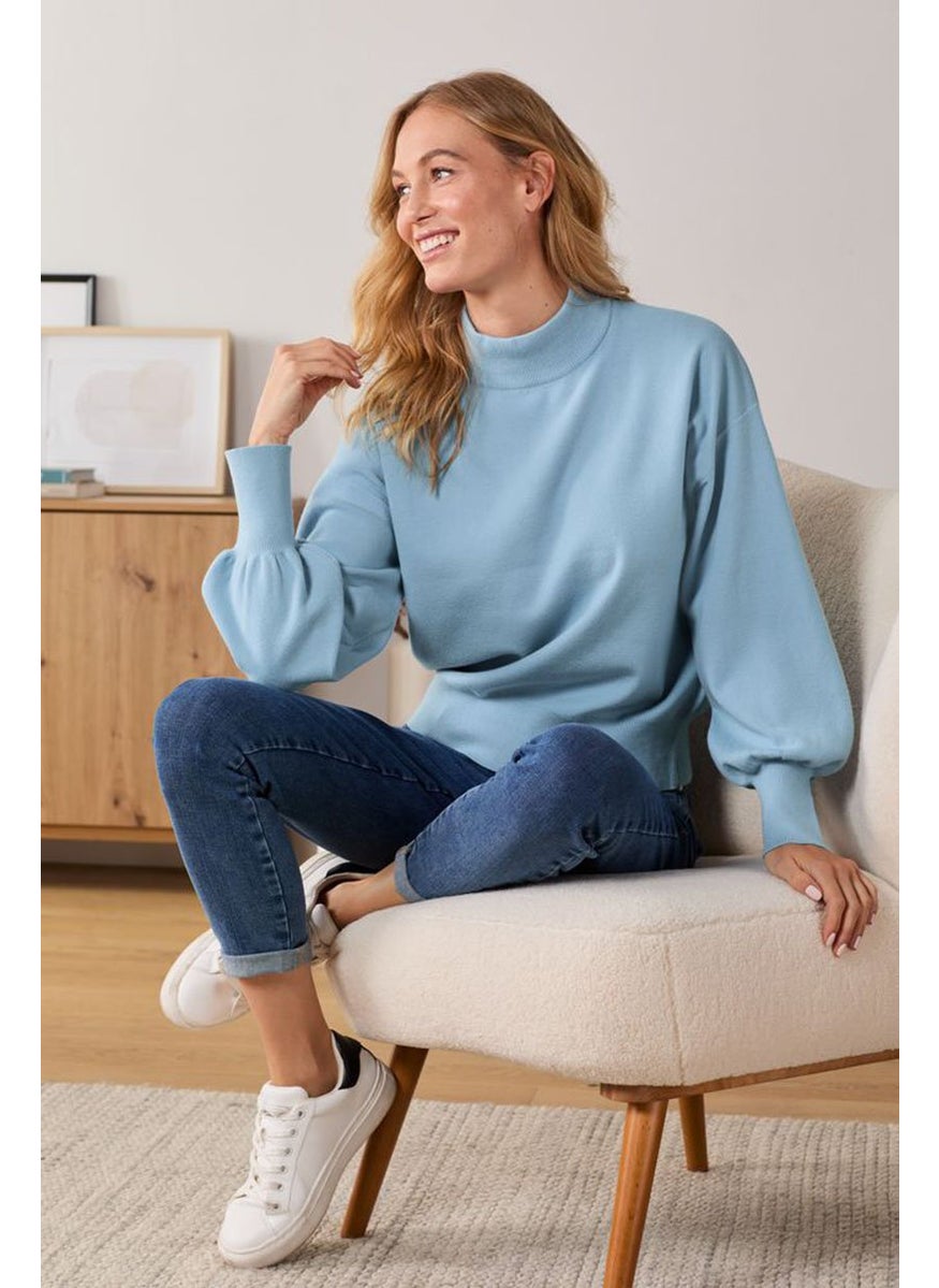 Tchibo Women Mock Neck Bishop Sleeves Knit Sweater, Light Blue  - Image 1