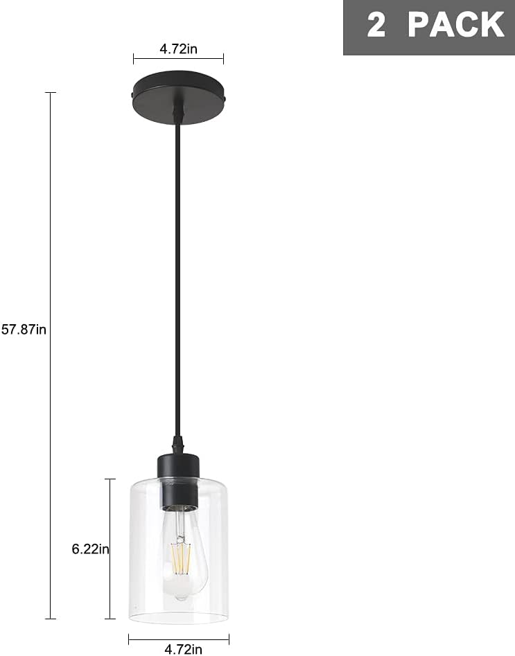 KLSS Modern Black Farmhouse Clear Glass Cylinder Pendant Light Fixture,Island Lights for Kitchen,Mini Pendant Lighting for Kitchen Island Decor - 4.75 Inch Shade 58 Inch Cord (Black 2 Pack) - Image 5